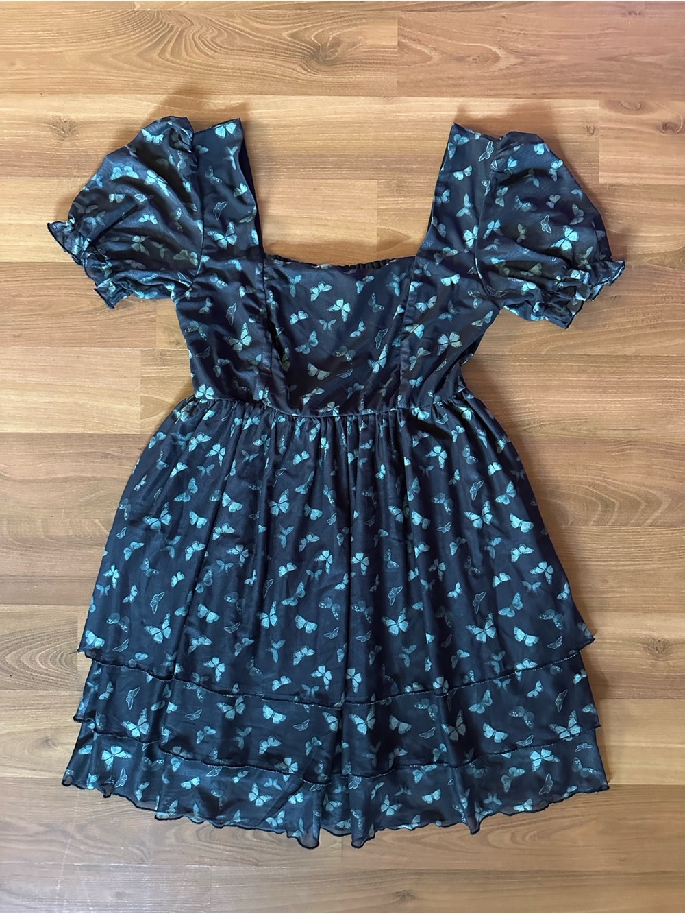 Hot Topic Black Midi Tiered Dress with Green Butterfly Print